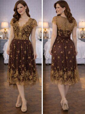 Collette Dinnigan Gold Brown Lace Designer Midi Dress $1500